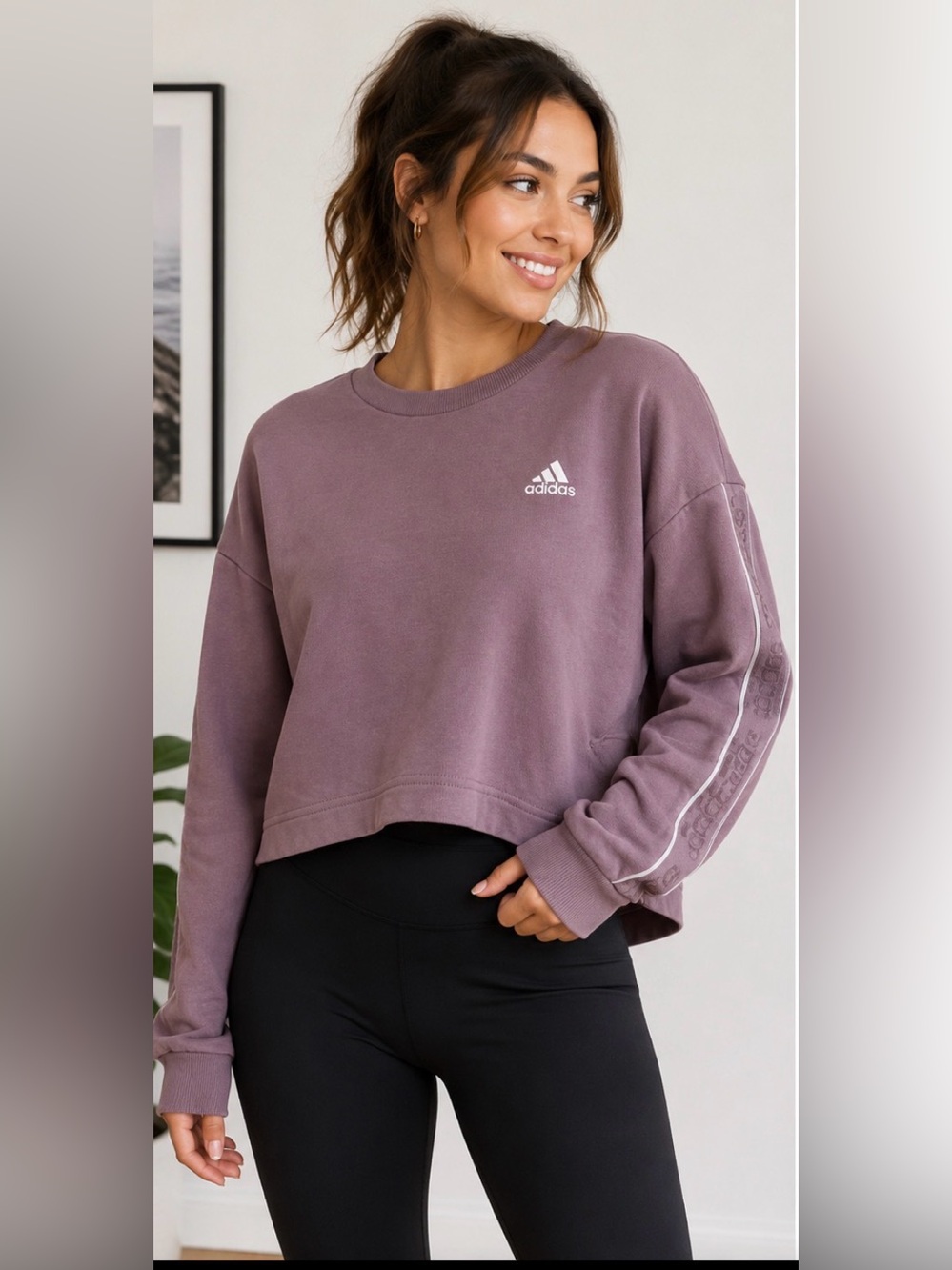 653 Adidas Essentials Mauve Cropped Crewneck Sweatshirt XS Purple Logo Pullover